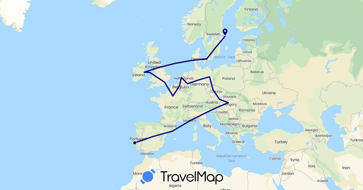 TravelMap itinerary: driving in Austria, Belgium, Czech Republic, Germany, Denmark, Spain, France, United Kingdom, Hungary, Ireland, Italy, Netherlands, Portugal, Sweden (Europe)